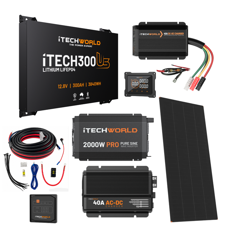 The iTechworld Ultimate Ultra Slimline Canopy Dual Battery Kit (300Ah Lithium) features a 2000W pure sine inverter, 40A AC-DC charger, solar panel, cables, display, and connectors—ideal for off-grid adventures.