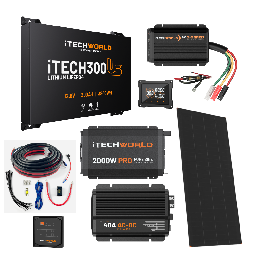 The iTechworld Ultimate Ultra Slimline Canopy Dual Battery Kit (300Ah Lithium) features a 2000W pure sine inverter, 40A AC-DC charger, solar panel, cables, display, and connectors—ideal for off-grid adventures.