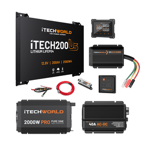 The iTechworld Complete Ultra Slimline Canopy Dual Battery Kit includes a 200Ah lithium battery, inverter, AC-DC charger, wiring, fuse, and display panels—perfect for reliable off-grid power—all displayed on a white background.