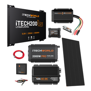The iTechworld Ultimate Ultra Slimline Canopy Dual Battery Kit features a 200Ah lithium battery, inverter, charger, solar panel, cables, and display—all arranged on a white background.