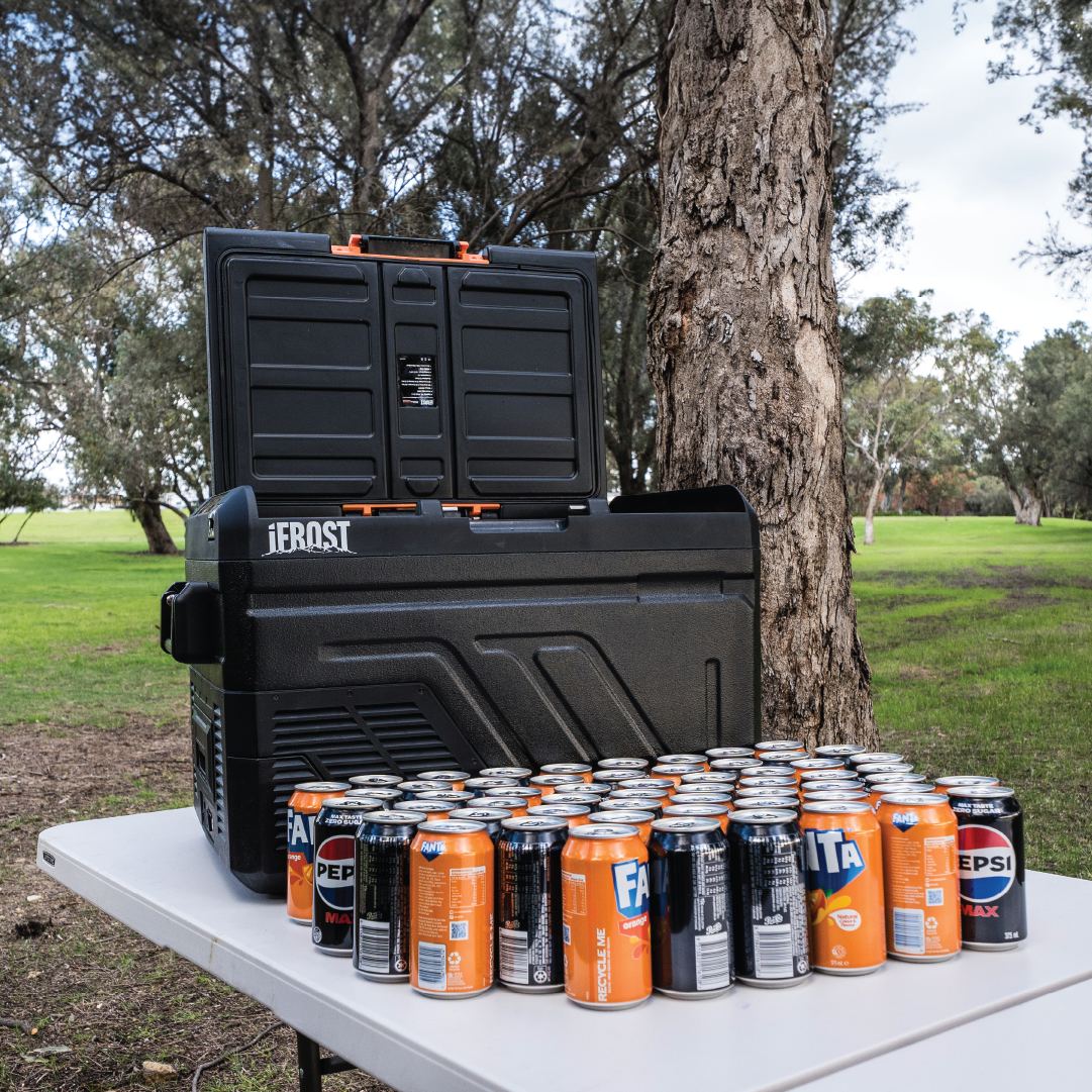 The iFROST 40L fridge freezer with 57 cans in front of it