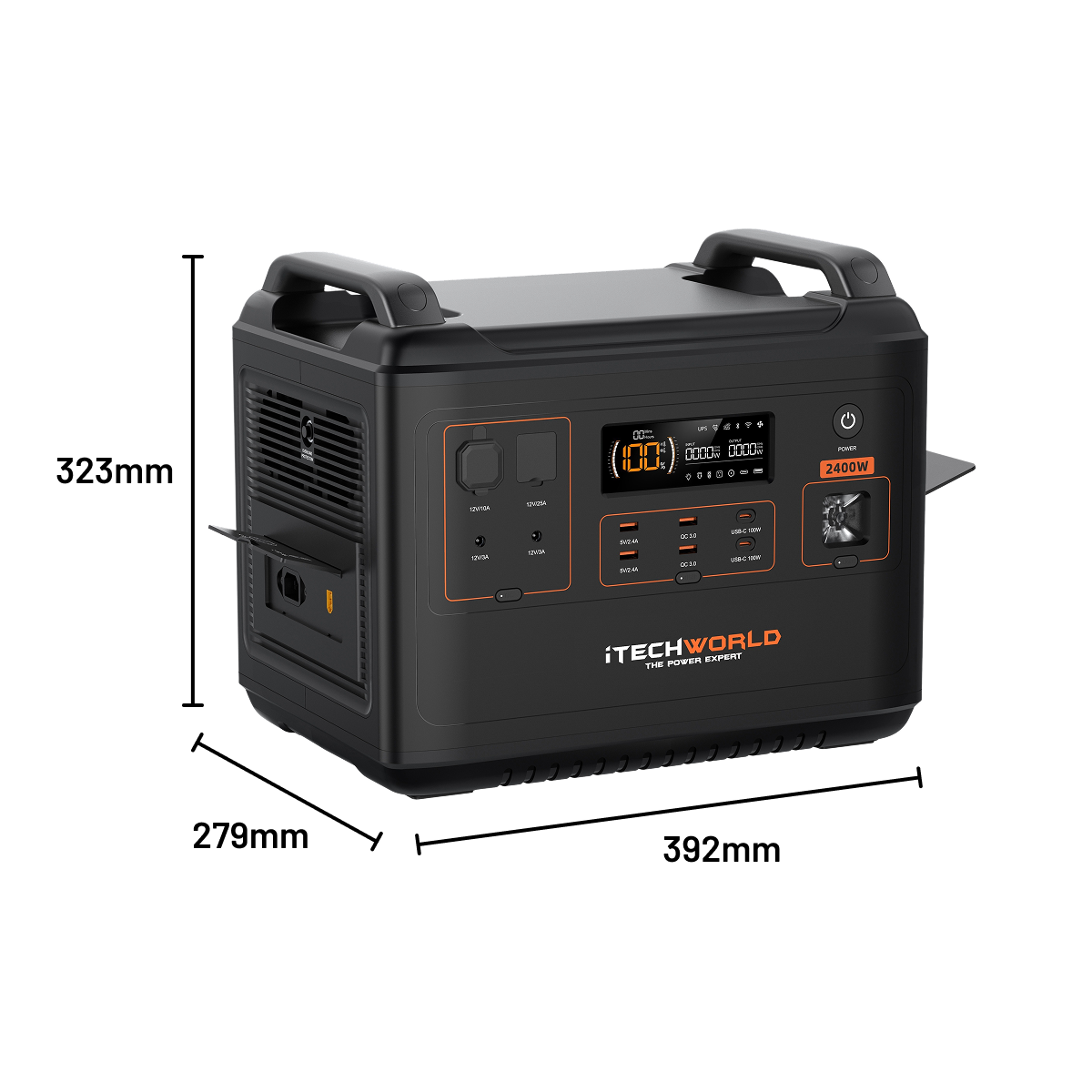 The iTechworld PS2000 Portable Lithium Power Station (2400W 170Ah) features a pure sine wave inverter, Bluetooth, digital display, control buttons, and multiple ports. It measures 323mm x 279mm x 392mm with the iTechworld logo on the front.