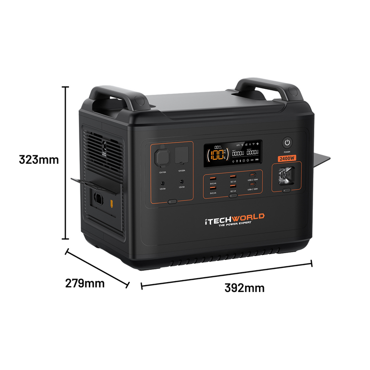 The iTechworld PS2000 Portable Lithium Power Station (2400W 170Ah) features a pure sine wave inverter, Bluetooth, digital display, control buttons, and multiple ports. It measures 323mm x 279mm x 392mm with the iTechworld logo on the front.