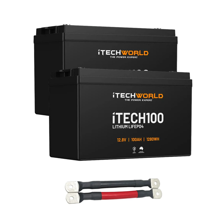 The iTechworld 200Ah Lithium LiFePO4 Battery Bundle features two 100Ah deep cycle batteries displayed side by side, with linking red and black cables positioned below them for reliable off-grid power.