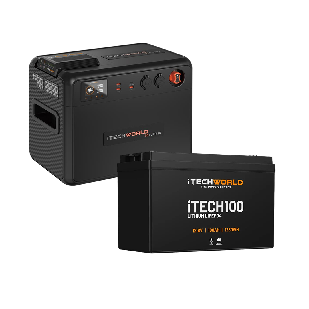Two black iTechworld power devices: a lithium portable power station and the iTechworld Premium Dual Battery System, a 100Ah LiFePO4 with 25A DCDC Charger—ideal for reliable energy in dual battery setups.