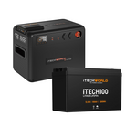 Two black iTechworld power devices: a lithium portable power station and the iTechworld Premium Dual Battery System, a 100Ah LiFePO4 with 25A DCDC Charger—ideal for reliable energy in dual battery setups.