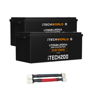 The iTechworld 400Ah Lithium LiFePO4 Battery Bundle includes two 200Ah deep-cycle batteries stacked together with 000AWG parallel cables, making it a reliable off-grid power solution.