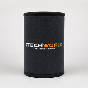 The iTechworld Magnetic Stubby Holder (375mL) is a black neoprene holder featuring “iTECH” in white, “WORLD” in orange, and the slogan “THE POWER EXPERT” below in smaller white text.