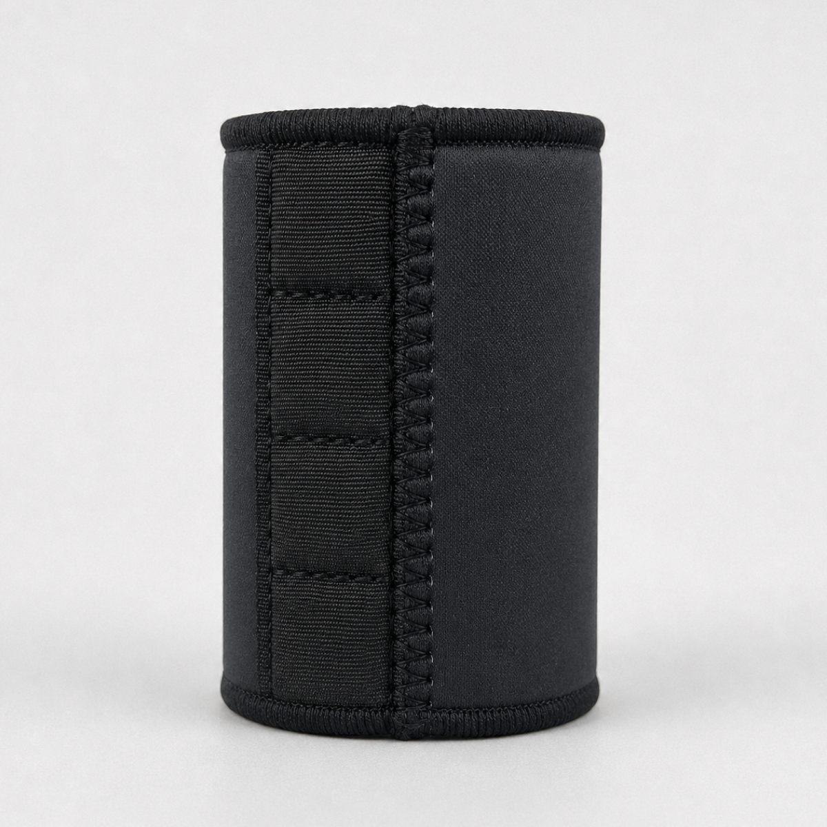 The iTechworld Magnetic Stubby Holder (375mL) is a black, cylindrical neoprene holder with reinforced stitching and a textured magnetic strip, shown standing upright against a plain light gray background.