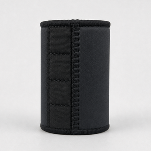The iTechworld Magnetic Stubby Holder (375mL) is a black, cylindrical neoprene holder with reinforced stitching and a textured magnetic strip, shown standing upright against a plain light gray background.