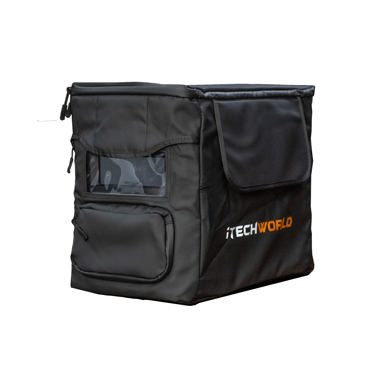 The iTechworld Power Station Cover PS1800 PRO is a black, rectangular cover with zippered pockets, a front transparent window, and the iTECHWORLD logo in orange and white—an ideal outdoor accessory shown on a plain white background.