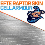 Close-up of a textured metallic surface with "EFTE RAPTOR SKIN CELL ARMOUR" at the top and a blue raptor mascot logo labeled "Raptor Skin," highlighting iTechworld's 200W Solar Blanket with Raptor Skin for portable solar protection.