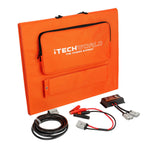 The orange iTechworld 200W Solar Blanket with Raptor Skin includes a zippered pouch, charging cables, connectors, and controller—displayed neatly on a white background.