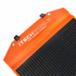 Close-up of the iTechworld 200W Solar Blanket with Raptor Skin featuring an orange border, dual USB ports, and "iTECHWORLD THE POWER EXPERT" at the top—ideal for charging devices outdoors.